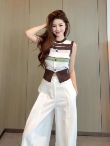 SHAXU | French Retro Stripe Ice Silk Knit Sleeveless Vest
