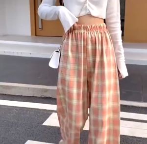 New Arrival Summer Plaid Pants Women High Waist Slimming Straight Wide-leg Pants Loose Drape Casual Mopping Pants