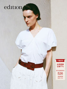 Edition French Style Bubble Sleeve V-Neck Cotton Shirt Women Summer New Long Staple Short Sleeve V-Neck Shirt Casual Chic