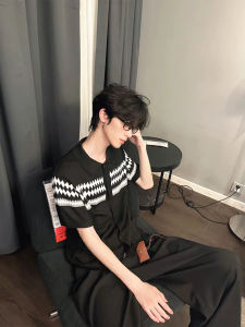 ZHUOCAN | Fair Isle Diamond Jacquard Knit Short Sleeve T-Shirt