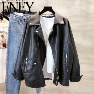 Eney Black Spring and Autumn Coat Womens BF Style Loose Handsome Motorcycle Clothing Leather Jacket Large Lapel Zipper Leather Jacket