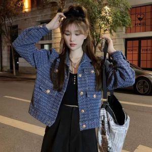 แจ็คเก็ตยีนส์ทรงสั้นสไตล์วินเทจสำหรับผู้หญิง ทรงหลวม ปกเสื้อสูง ทรงเข้ารูป สไตล์ลำลอง ฤดูใบไม้ผลิและฤดูใบไม้ร่วง