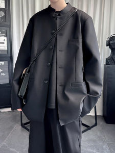 New Chinese Style Mens Black Suit Jacket Shoulder Pads Spring Autumn Stand Collar Tailored Fit Casual Long Sleeve Polyester