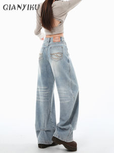 American Retro Embroidered Wide Leg Jeans Womens High Waist Straight Cut Loose Fit Denim Pants Autumn New Design Casual Wear