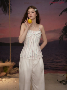 unifree | Striped Slim Bow Ruffle Tank Top for Summer Wear