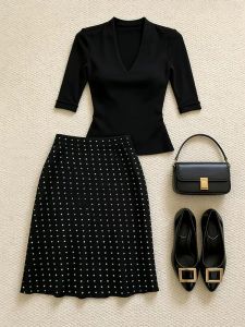 NUMEN BUTTON | Youthful Mature Elegant Slimming Set Womens Blouse and Polka Dot Skirt