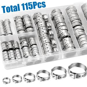 115PCS Single Ear Hose Clamps 5.8-28.6mm 304 Stainless Steel Crimp Hose Clamp Assortment Kit Securing Pipe Hoses and Automotive
