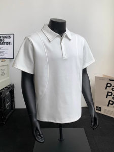CHENMU | White Half Zip Short Sleeve BOXY Fit Arc Construction Straight Shoulder Polo Shirt