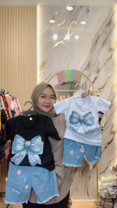 Setelan Anak Perempuan Jeans Denim Usia 1-5 Tahun Motif Pita Set Anak Kaos Celana Jeans Terbaru
