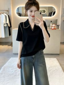 SHIMANQING | Elegant Chic Black Polo Collar Straight Shoulders T-Shirt