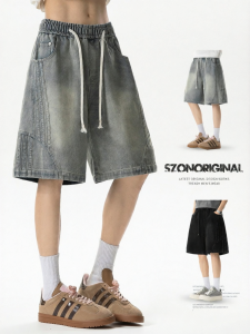 SZON | Quần Short Jeans Nam Phong Cách Mỹ Đã Qua Sử Dụng Có Khuy Bịt Và Dải Sọc Bên