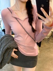 เสื้อเชิ้ตคอวีแขนยาวสไตล์เกาหลีสำหรับผู้หญิง ฤดูใบไม้ร่วง 2025 ทรงเข้ารูป กระโปรงทรงเอ ทรงเข้ารูป เสื้อเชิ้ตคอวี