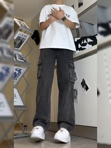 FARUILINE STORE กางเกงยีนส์ผู้ชาย ตรงพอดี ผ้ายืด สีธรรมดา เอวยางยืด กางเกงยีนส์คาร์โก้ สไตล์เกาหลี