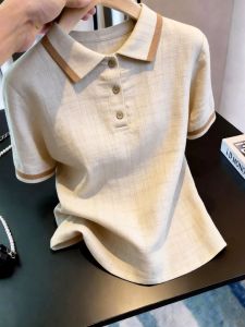 Color Block POLO Neck Slim Stylish Versatile Large Size Womens Knit Short Sleeve T-Shirt