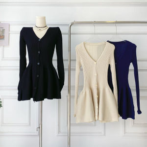Slimming A-Line Mini Dress V-Neck Long Sleeve Knitted Waist Cinched Short Skirt Womens Fashion 2024 Autumn Winter New Arrival