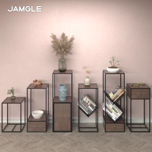 Iron Art Display Stand Walnut Color Flower Stand Combination Cabinet Base Magazine Rack Classical Modern Style Home Furniture