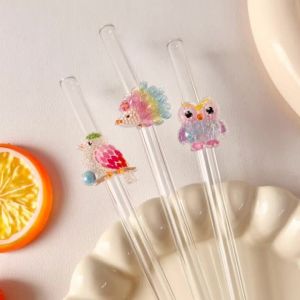 1/4PCS Glitter Animal Decor Glass Straw Set Hot & Cold Drink Accessories Party & Wedding Supplies