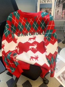 Loose Knitted Sweater Womens Red round Neck Top Fashionable Autumn Winter Christmas Age-Defying Korean Style Commute Wind