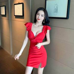 ELF TRIBE Đầm Ôm Sát Gợi Cảm Cho Nữ Đầm Ôm Hông Mini Thắt Nút Cổ Thấp Cho Nữ Hộp Đêm