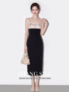 SHANGSHA | Summer Elegant Occasion Black Square Neck Beaded Light Dress