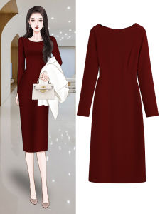 ชุดเดรสยาวสีแดงเข้มหรูหรา ทรงเข้ารูป แขนยาว กระโปรงทรงเอ สำหรับผู้หญิง ฤดูใบไม้ร่วง/ฤดูหนาว ชุดราตรีสไตล์ฝรั่งเศส