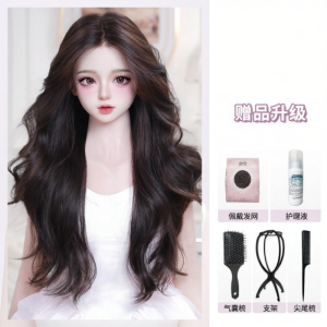 AINIYA | Hand-hooked Large Lace Middle Part Bangs Full Head Wig Long Wavy Curly Hair for Bald