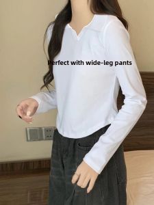 LINGLONGDAI | Pure Cotton Fleece Lined Short Sleeve Polo Neck T-Shirt Womens Fashionable Inner Wear Autumn Winter Base Layer Shirt Korean Style Commute Wind