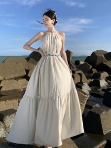 French Seaside Vacation Hanging Necklace Covering Belly Shoulder-Length Dress Loose Fit Casual Style Long Dress for Summer