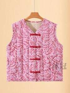 New Chinese Style Womens Fleece Lined Cotton Vest Winter Warmth Printing Coat Thickened Polyester Fiber V-neck Single Button