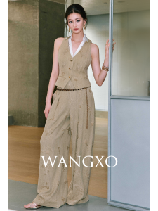 WANGXO | Bộ Áo Dây và Quần Ôm eo Thêu Vải Tencel Cảm Giác Ramie Đan Mịn