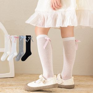 Kids Long Tube Socks for Girls Spring Summer Thin Breathable Knee High Princess Sock Korean Plain Striped Bowknot Calf Stockings