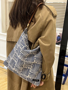 Commute Casual Canvas Tote Bag Shoulder Handbag Polyester Striped Korean Style Folding Magnetic Buckle Closure Daily Use