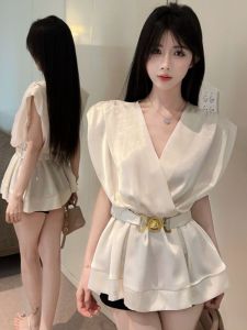 GUZILIAN | French Elegant Satin Sleeveless Cross V-neck Waist-cinched Dress Women Summer Unique Daily Commute Casual Fit High Waist