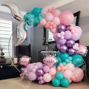 116pcs Mermaid TAIL SHELL บอลลูน Garland Arch สีชมพูสีม่วงบอลลูนอาบน้ําเด็กสาว 1st Birthday PARTY favors งานแต่งงาน Decor