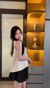 QC_Set tiểu thư đi tiệc đồ công sở áo chấm bi Lụa đính nơ cổ tròn phối chân váy bí Cotton Lạnh có lót dáng ngắn