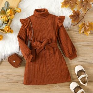 Bear Leader | Autumn Winter New 3-7Years Girls Fashion Khaki Woolen Dress High Neck Flying Sleeve Lace Up Knitted Long Sleeve Clothes