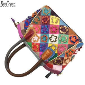 BeeGreen Women Colorful Genuine Leather Handbag Fashion Flower Patchwork Shoulder Bag Casual Commuter Bag