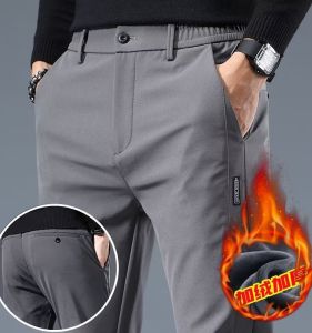 Men Casual Pants Waist Stretch Silm Drape Business Trousers Thick Pants Mens Fall and Winter Fleece-lined Pants