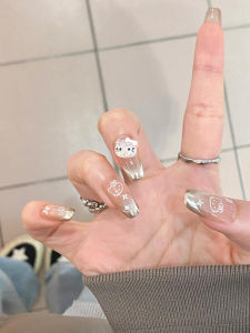 เล็บแต่งตัวแบบสวมใส่ที่ทำมือยาวระยิบระยับสไตล์ฝรั่งเศส เล็บแมวตาเทียม กันน้ำ กันรอยขีดข่วน ความยาวปกติ แผ่นเล็บใส