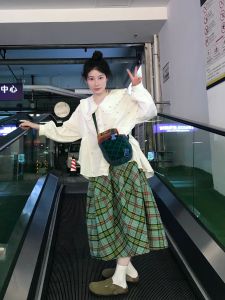 Váy Chữ a Cạp Cao Kẻ Caro Phong Cách Mỹ Cổ Điển Cho Nữ Mùa Thu Dài Vừa Phải Váy Công Sở