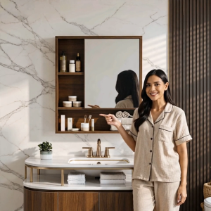 Wall-mounted bathroom mirror cabinet with storage and shelving for shower rooms and washrooms