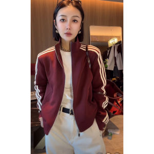 Áo Khoác Ngắn Nữ Phong Cách Mới Đầu Thu Ba Sọc Đỏ Cổ Đứng Khóa Kéo Dáng Ôm Đa Năng Áo Khoác Ngoài Thường Ngày Bằng Vải Polyester