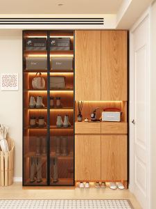 Large Capacity Multi-layer Solid Oak Shoe Cabinet with Transparent Glass for Home Entrance