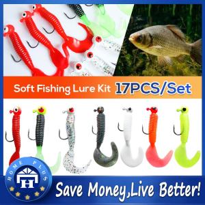 【Local delivery】 17Pcs Set Box Edible Silicone Lures Fishing Soft Bait Worm with Tail Plastic Jig Hook Tackle Grub for Fishing Perch Holder Fishing-Lure-17PCS/Set