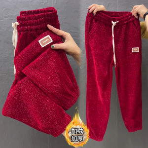 This Years Popular Red Stars Bright Silk Casual Pants Womens Winter Internet Hot Western Style Youthful-Looking Exercise Ankle-Tied Sweatpants