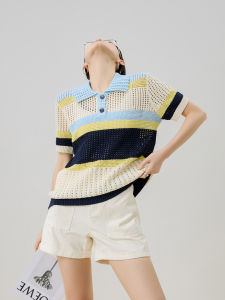 Dopamine Color Block Hollow out Polo Neck Short Sleeve Knitted Top Unique Super Beautiful Summer T-Shirt Womens Korean Style Straight Cut Polyester Fiber