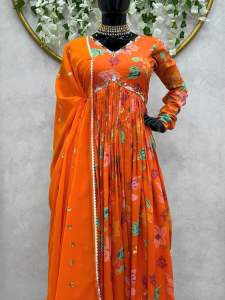 Beautiful Designer Alia Cut Suit On Muslin Cotton fabric with inner and Digital print with Hand work gown
