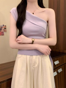 Áo Thun Vai Chéo Màu Tím Mùa Hè 2025 Áo Thun Nữ Tay Ngắn Gợi Cảm Chất Liệu Polyester Dáng Ôm Cổ Tròn Dài Thường