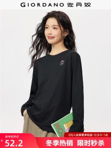 Giordano Womens Long Sleeve T-Shirt Cotton Embroidered Bear round Neck Loose Fit Comfortable Soft Autumn Winter New Style