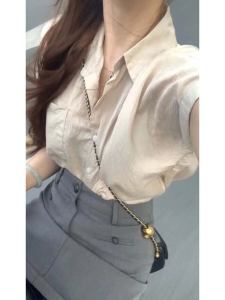 Pháp Nhẹ Mùa Hè Lụa Áo Sơ Mi Tay Ngắn Nữ Thanh Lịch Băng Lụa Collarless Top Mỏng Cao Cấp Cảm Giác Cán Tay Quần Áo Làm Việc